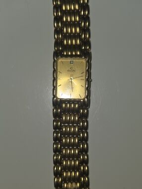 Elgin Gold Rectangular Dress Watch - Classic Gold Finish With Diamond Accent